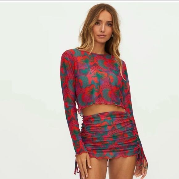 Beach Riot Lidia Sheer Heart Tropical alms All Over Print Long Sleeve Top Small - Picture 1 of 5